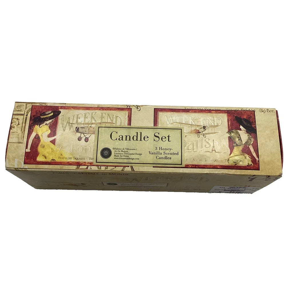3 Candle Tins Honey Vanilla Vintage Paris Artwork NIB